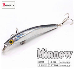 Wobbler Minnow Flutuante Isca Artificial de Plástico para Pesca Lure Tackle Bass 8cm 3D Eyes Topwater 2 Fish Hook Crankbait 1 Pc